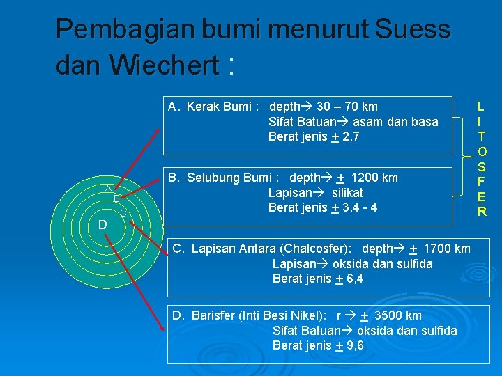 Pembagian bumi menurut Suess dan Wiechert : A. Kerak Bumi : depth 30 –