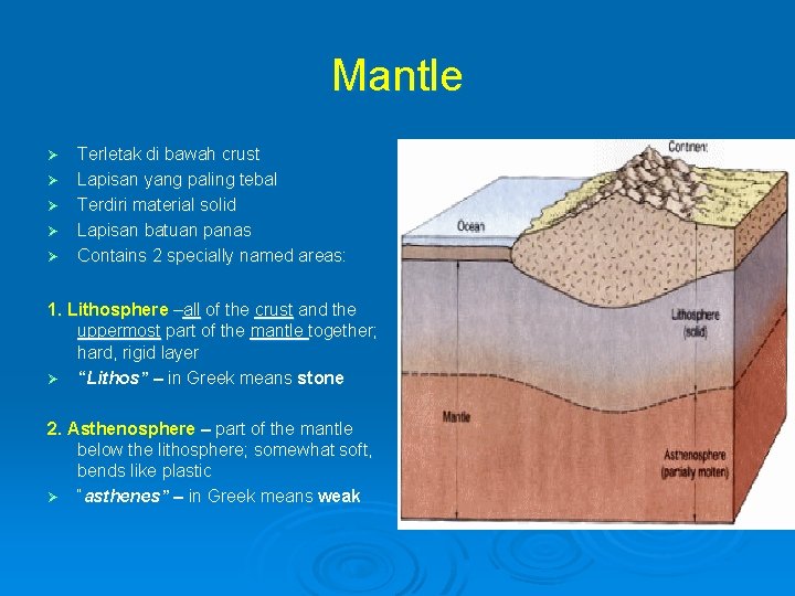 Mantle Ø Ø Ø Terletak di bawah crust Lapisan yang paling tebal Terdiri material