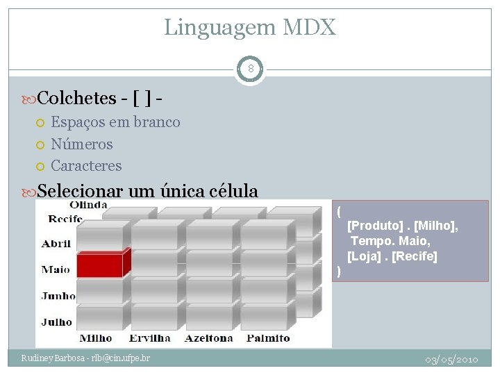 Linguagem MDX 8 Colchetes - [ ] Espaços em branco Números Caracteres Selecionar um