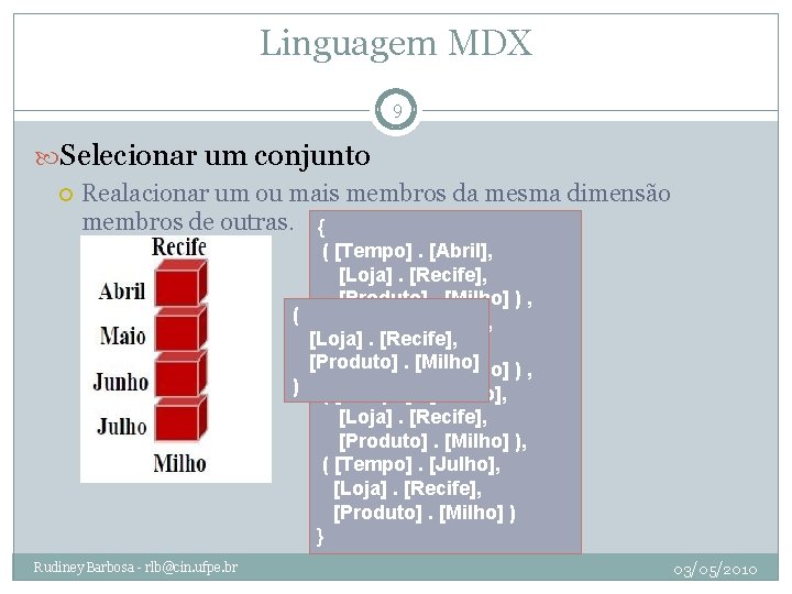 Linguagem MDX 9 Selecionar um conjunto Realacionar um ou mais membros da mesma dimensão