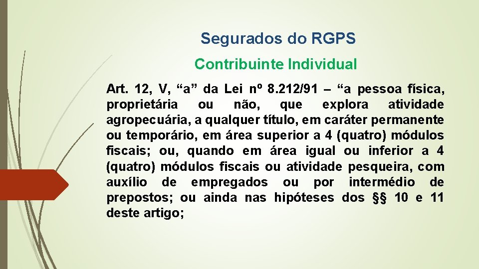 Segurados do RGPS Contribuinte Individual Art. 12, V, “a” da Lei nº 8. 212/91