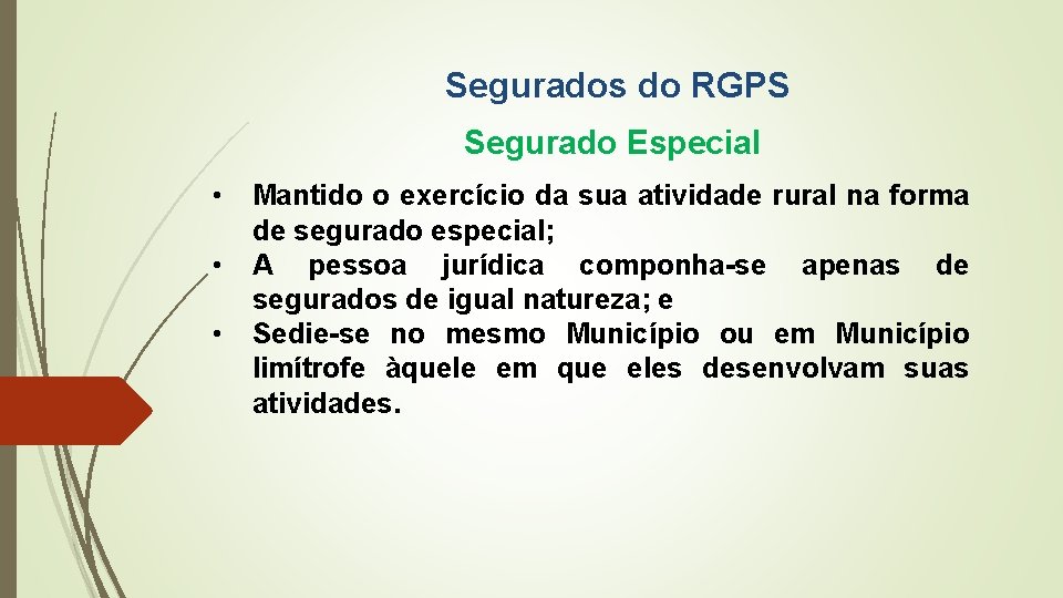 Segurados do RGPS Segurado Especial • • • Mantido o exercício da sua atividade