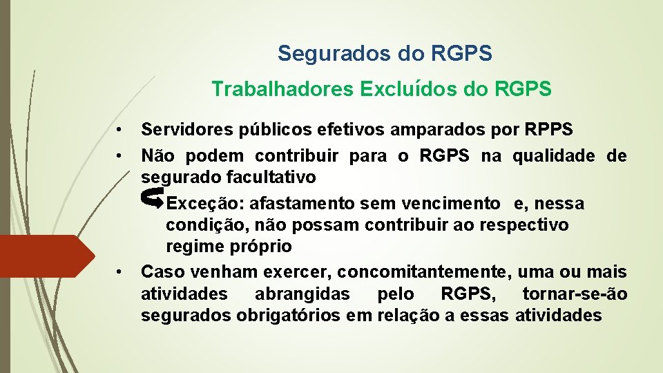Segurados do RGPS Trabalhadores Excluídos do RGPS • • • Servidores públicos efetivos amparados