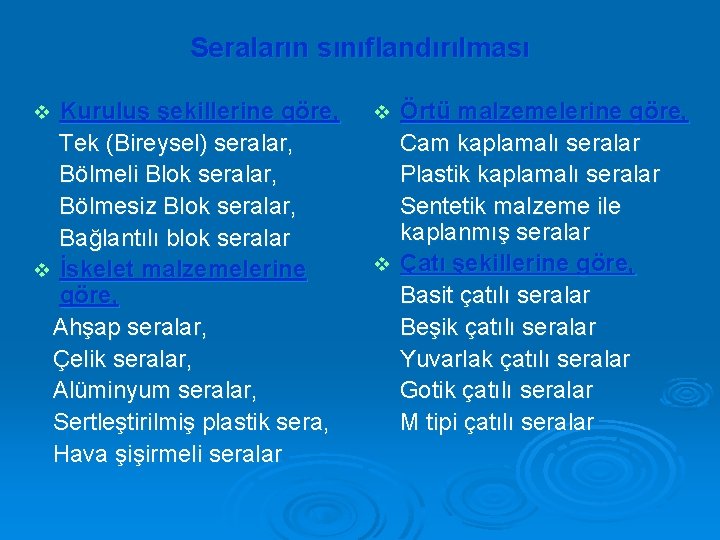 Seraların sınıflandırılması Kuruluş şekillerine göre, Tek (Bireysel) seralar, Bölmeli Blok seralar, Bölmesiz Blok seralar,