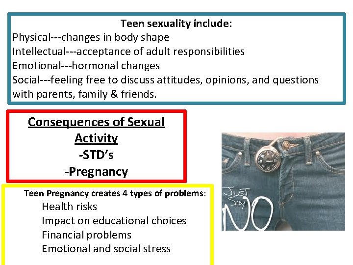 Teen sexuality include: Physical---changes in body shape Intellectual---acceptance of adult responsibilities Emotional---hormonal changes Social---feeling