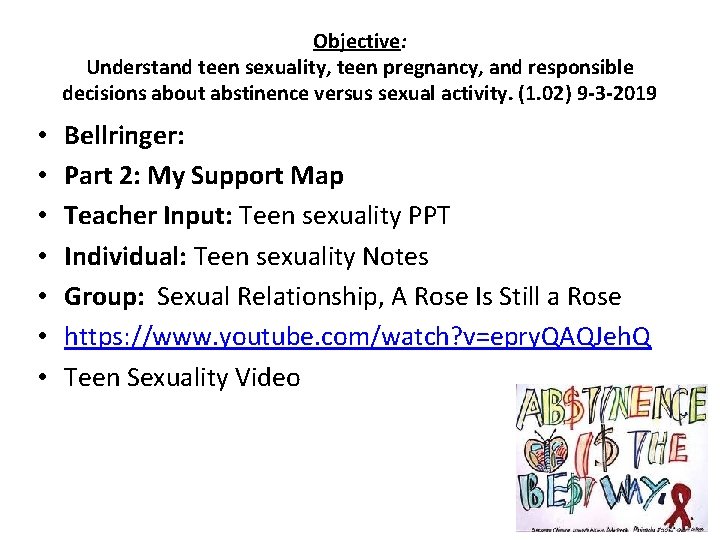 Objective: Understand teen sexuality, teen pregnancy, and responsible decisions about abstinence versus sexual activity.