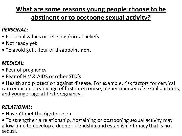 What are some reasons young people choose to be abstinent or to postpone sexual