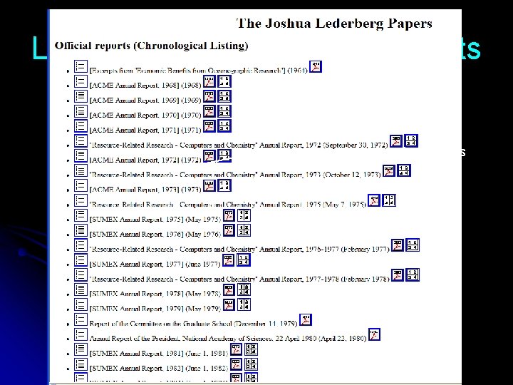 Lederberg papers official reports Number of document segments 