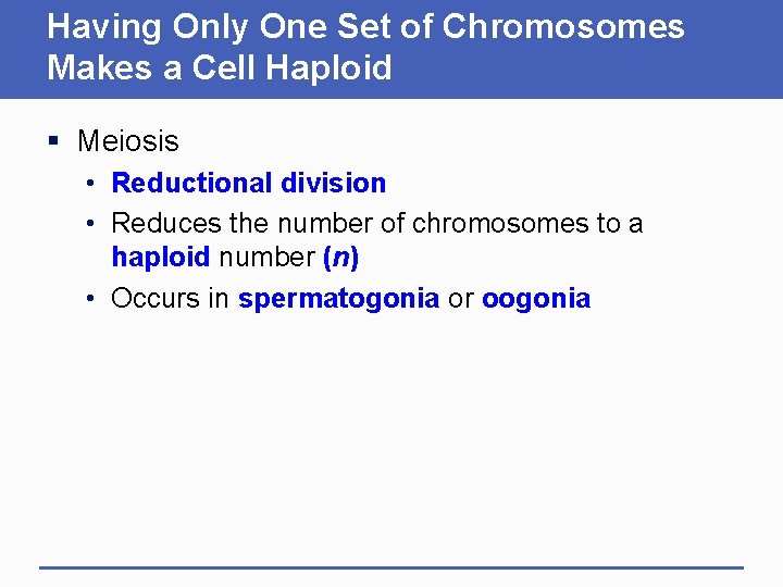 Having Only One Set of Chromosomes Makes a Cell Haploid § Meiosis • Reductional