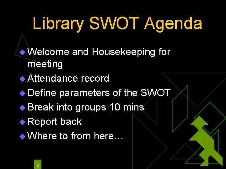 Library SWOT Agenda u Welcome and Housekeeping for meeting u Attendance record u Define