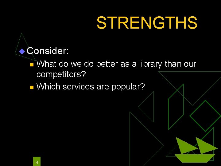 STRENGTHS u Consider: n n What do we do better as a library than