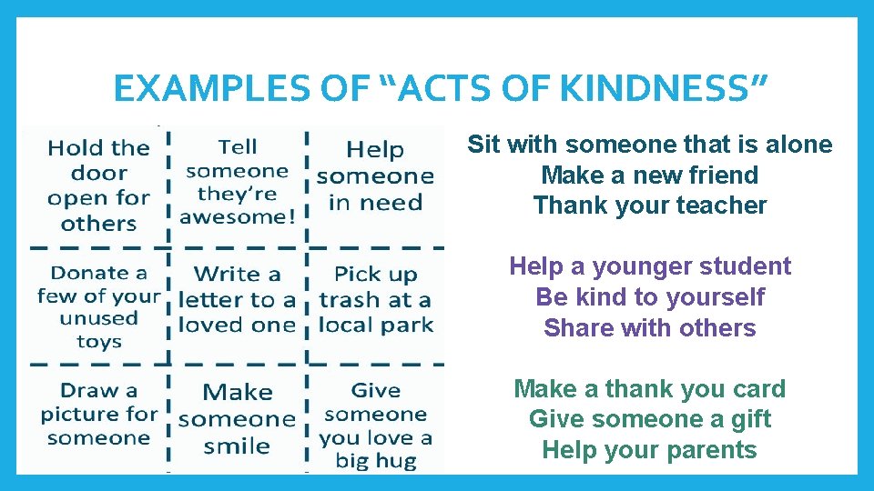 EXAMPLES OF “ACTS OF KINDNESS” Sit with someone that is alone Make a new