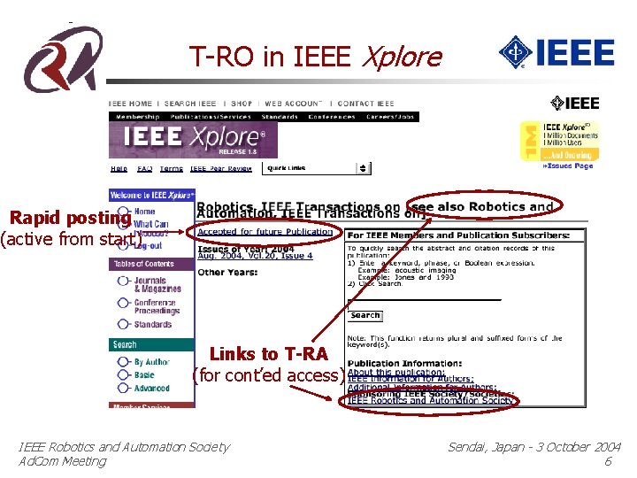 T-RO in IEEE Xplore Rapid posting (active from start) Links to T-RA (for cont’ed