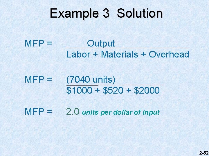 Example 3 Solution MFP = Output Labor + Materials + Overhead MFP = (7040