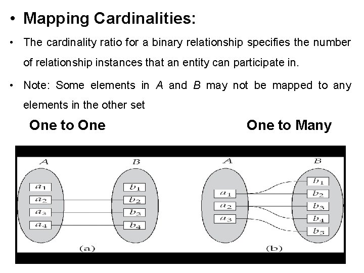  • Mapping Cardinalities: • The cardinality ratio for a binary relationship specifies the