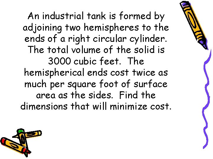 An industrial tank is formed by adjoining two hemispheres to the ends of a