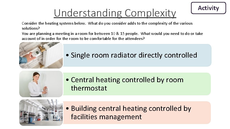 Understanding Complexity Activity Consider the heating systems below. What do you consider adds to