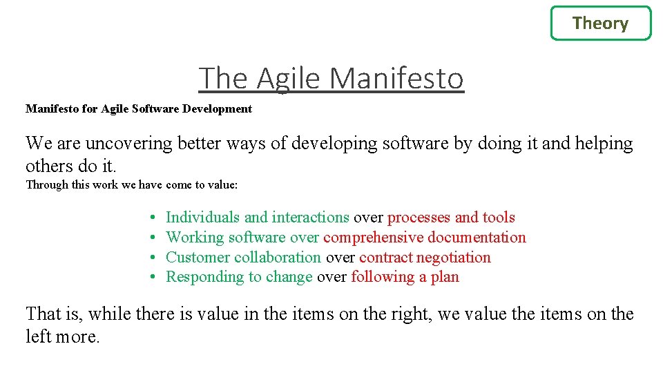 Theory The Agile Manifesto for Agile Software Development We are uncovering better ways of