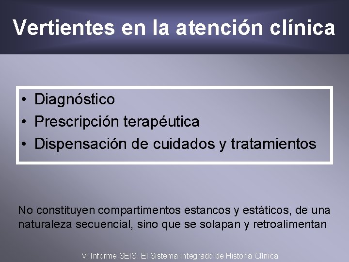 Vertientes en la atención clínica • Diagnóstico • Prescripción terapéutica • Dispensación de cuidados