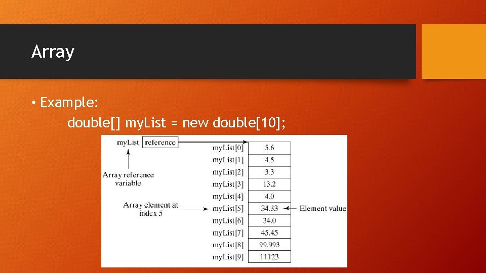 Array • Example: double[] my. List = new double[10]; 