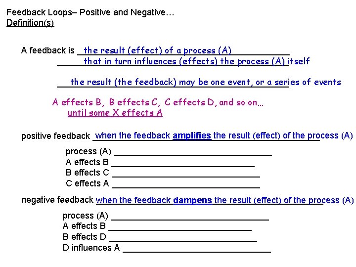 Feedback Loops– Positive and Negative… Definition(s) the result (effect) of a process (A) A