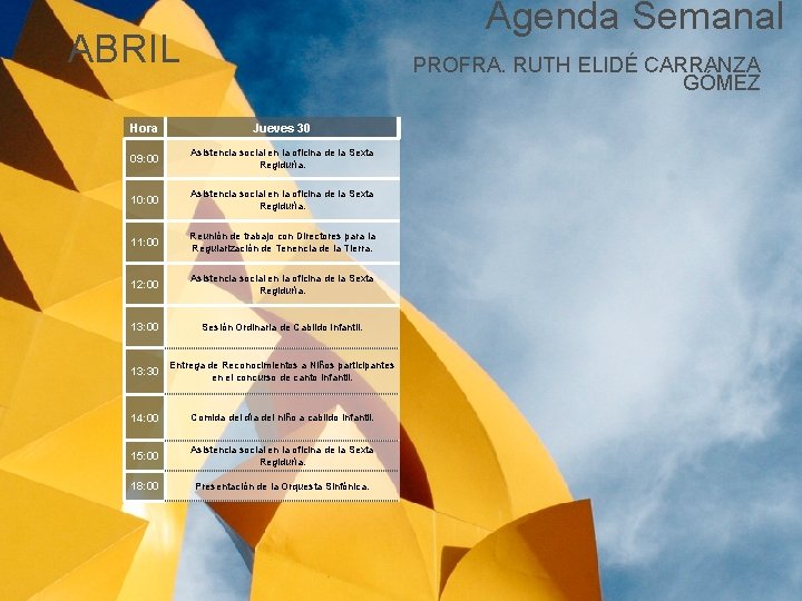 Agenda Semanal ABRIL PROFRA. RUTH ELIDÉ CARRANZA GÓMEZ Hora Jueves 30 09: 00 Asistencia