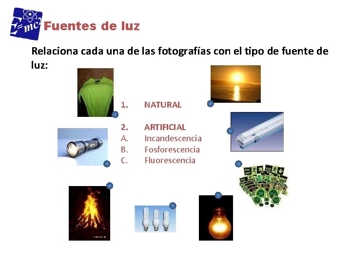 Fuentes de luz Relaciona cada una de las fotografías con el tipo de fuente