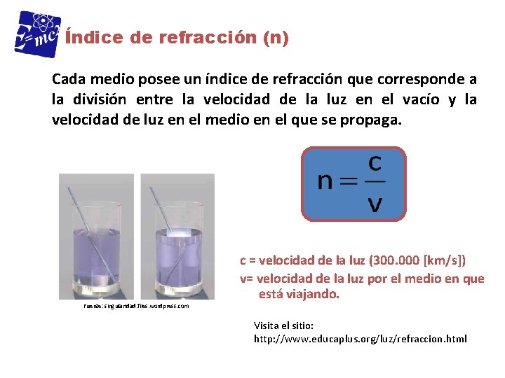 Índice de refracción (n) Cada medio posee un índice de refracción que corresponde a