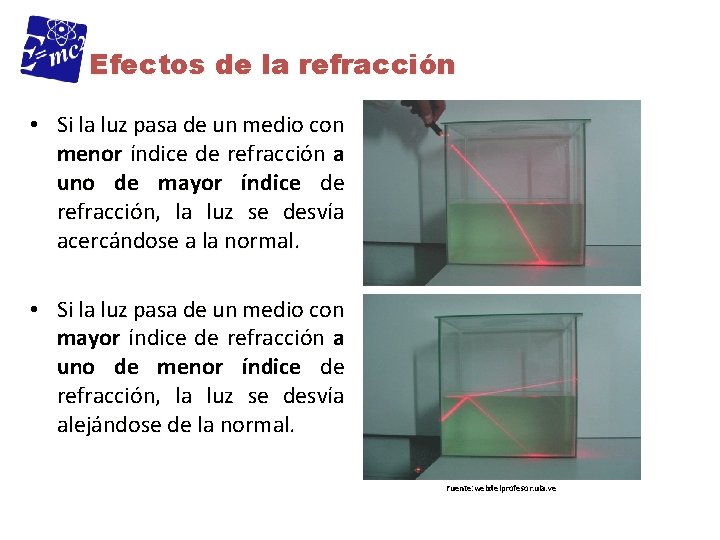 Efectos de la refracción • Si la luz pasa de un medio con menor