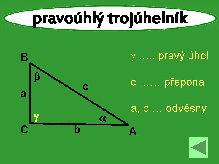 pravoúhlý trojúhelník …. . . pravý úhel B c a C c …… přepona