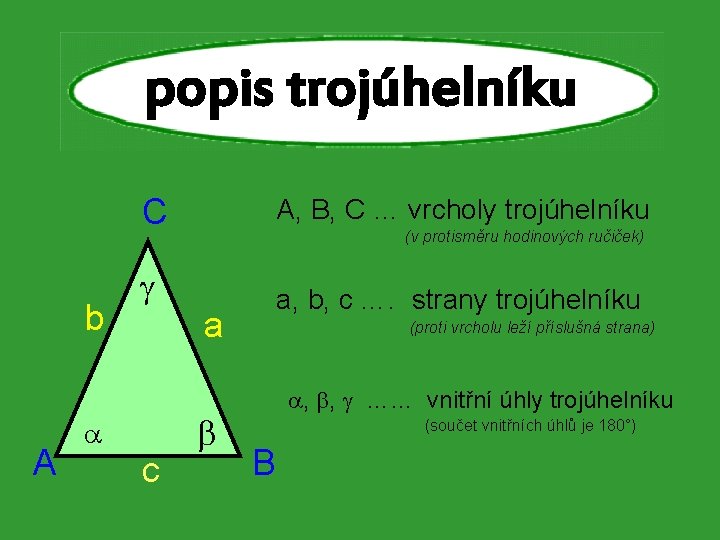 popis trojúhelníku b A C A, B, C … vrcholy trojúhelníku a, b, c