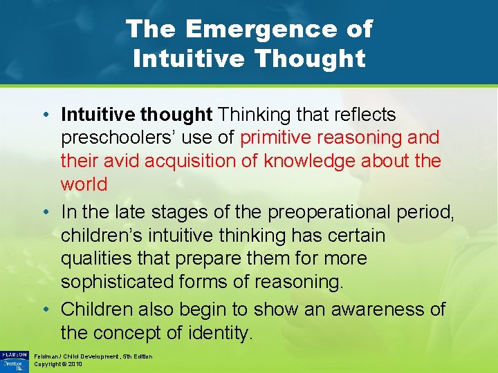 The Emergence of Intuitive Thought • Intuitive thought Thinking that reflects preschoolers’ use of