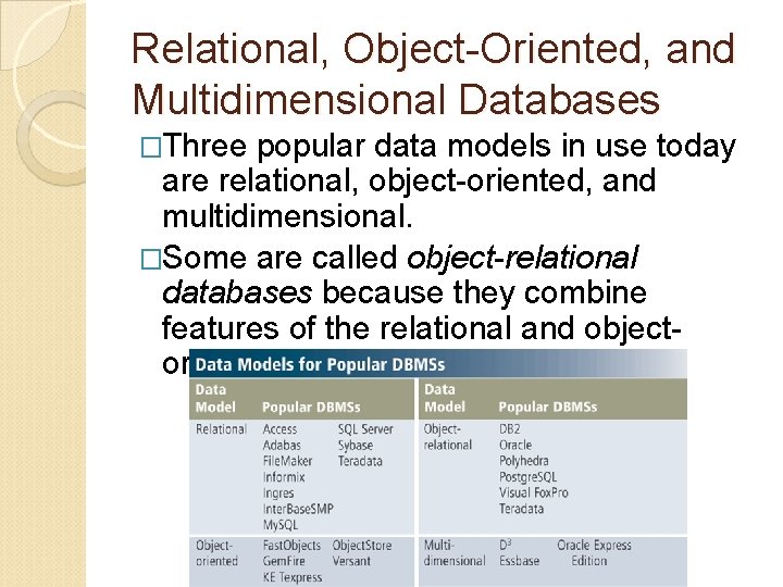 Relational, Object-Oriented, and Multidimensional Databases �Three popular data models in use today are relational,