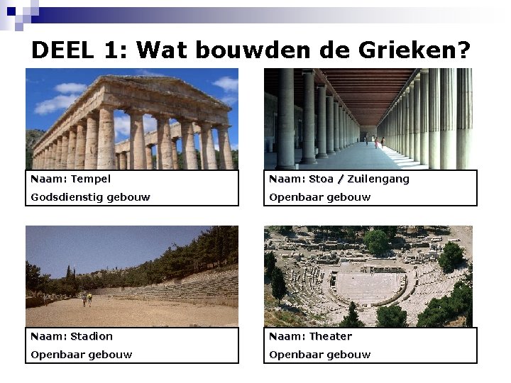 DEEL 1: Wat bouwden de Grieken? Naam: Tempel Naam: Stoa / Zuilengang Godsdienstig gebouw