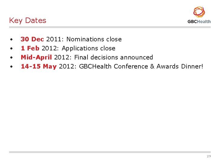 Key Dates • • 30 Dec 2011: Nominations close 1 Feb 2012: Applications close