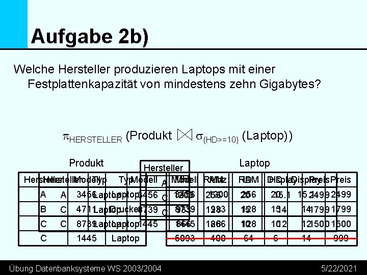 Aufgabe 2 b) Welche Hersteller produzieren Laptops mit einer Festplattenkapazität von mindestens zehn Gigabytes?