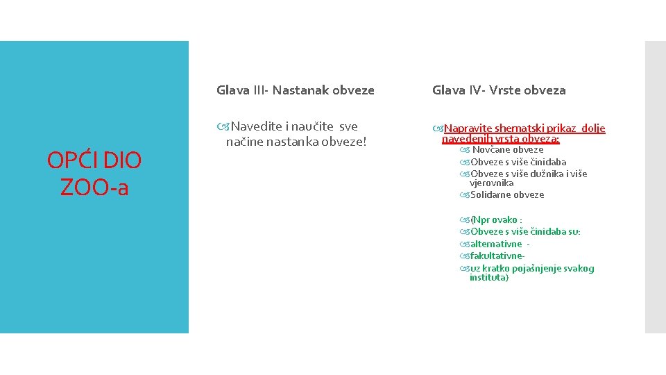 OPĆI DIO ZOO-a Glava III- Nastanak obveze Glava IV- Vrste obveza Navedite i naučite