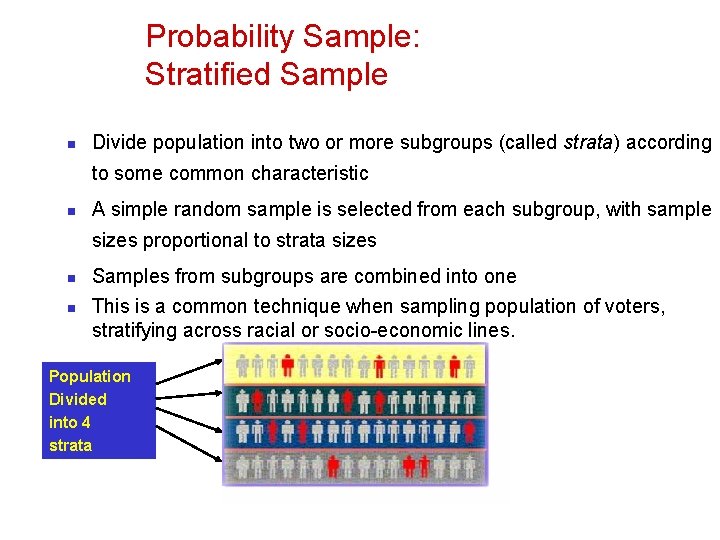 Probability Sample: Stratified Sample n Divide population into two or more subgroups (called strata)