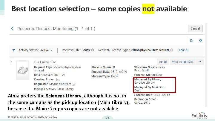 Best location selection – some copies not available Alma prefers the Sciences Library, although