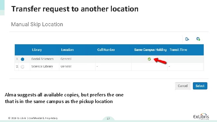 Transfer request to another location Alma suggests all available copies, but prefers the one