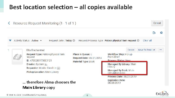 Best location selection – all copies available … therefore Alma chooses the Main Library