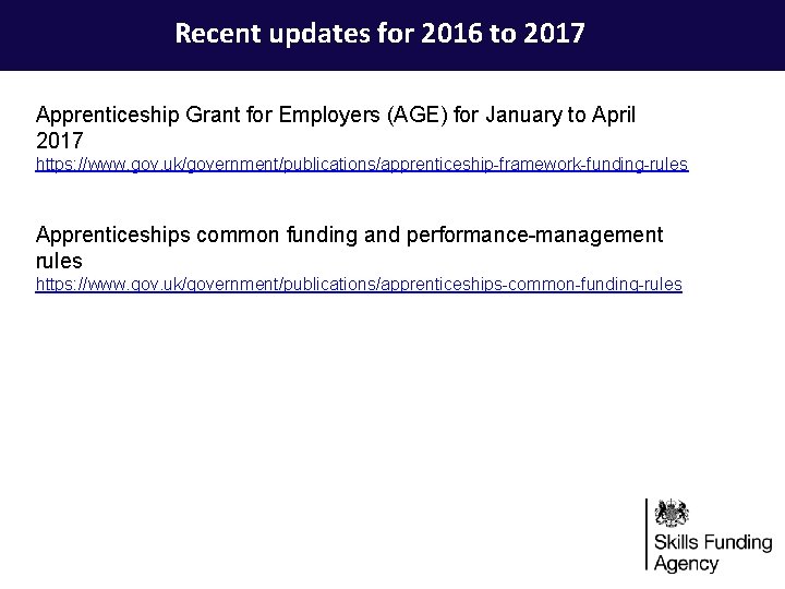 Recent updates for 2016 to 2017 Apprenticeship Grant for Employers (AGE) for January to