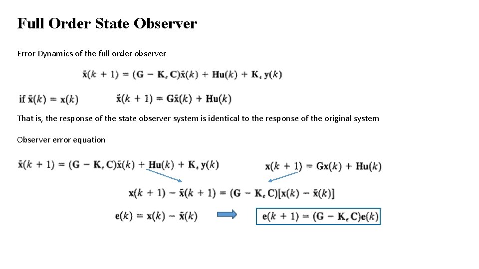 Full Order State Observer Error Dynamics of the full order observer That is, the Full Order State Observer Error Dynamics of the full order observer That is, the