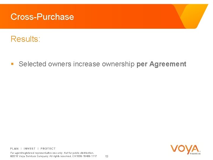 Cross-Purchase Results: § Selected owners increase ownership per Agreement For agent/registered representative use only.
