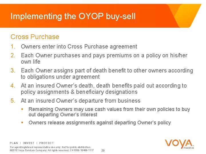 Implementing the OYOP buy-sell Cross Purchase 1. Owners enter into Cross Purchase agreement 2.