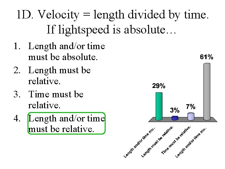 1 D. Velocity = length divided by time. If lightspeed is absolute… 1. Length