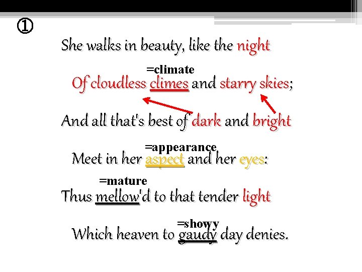 ① She walks in beauty, like the night =climate Of cloudless climes and starry