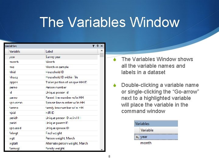 The Variables Window S The Variables Window shows all the variable names and labels