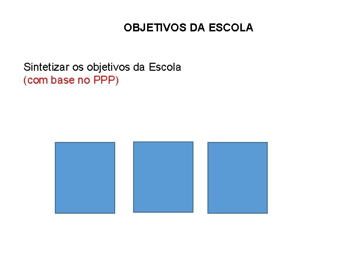 OBJETIVOS DA ESCOLA Sintetizar os objetivos da Escola (com base no PPP) 