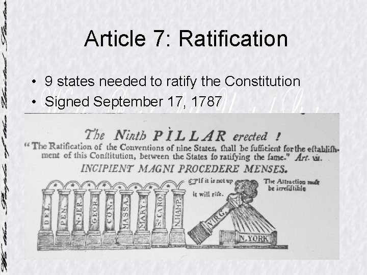 Article 7: Ratification • 9 states needed to ratify the Constitution • Signed September